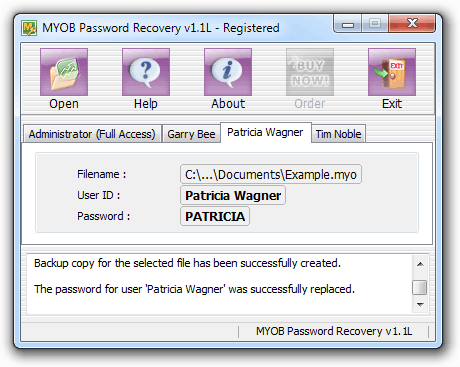 MYOB Password Recovery screen shot