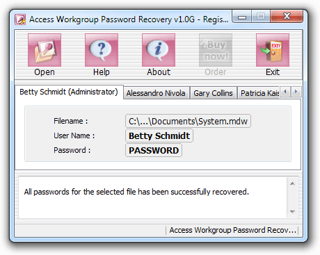 Click to view Access Workgroup Password Recovery 1.0c screenshot